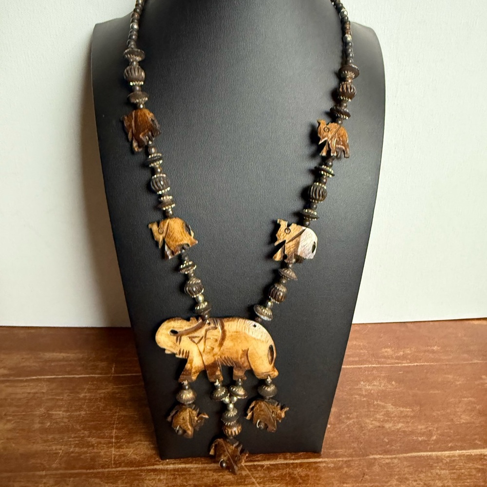 Hand carved Earthy Brown and Tan Necklace with Elephants